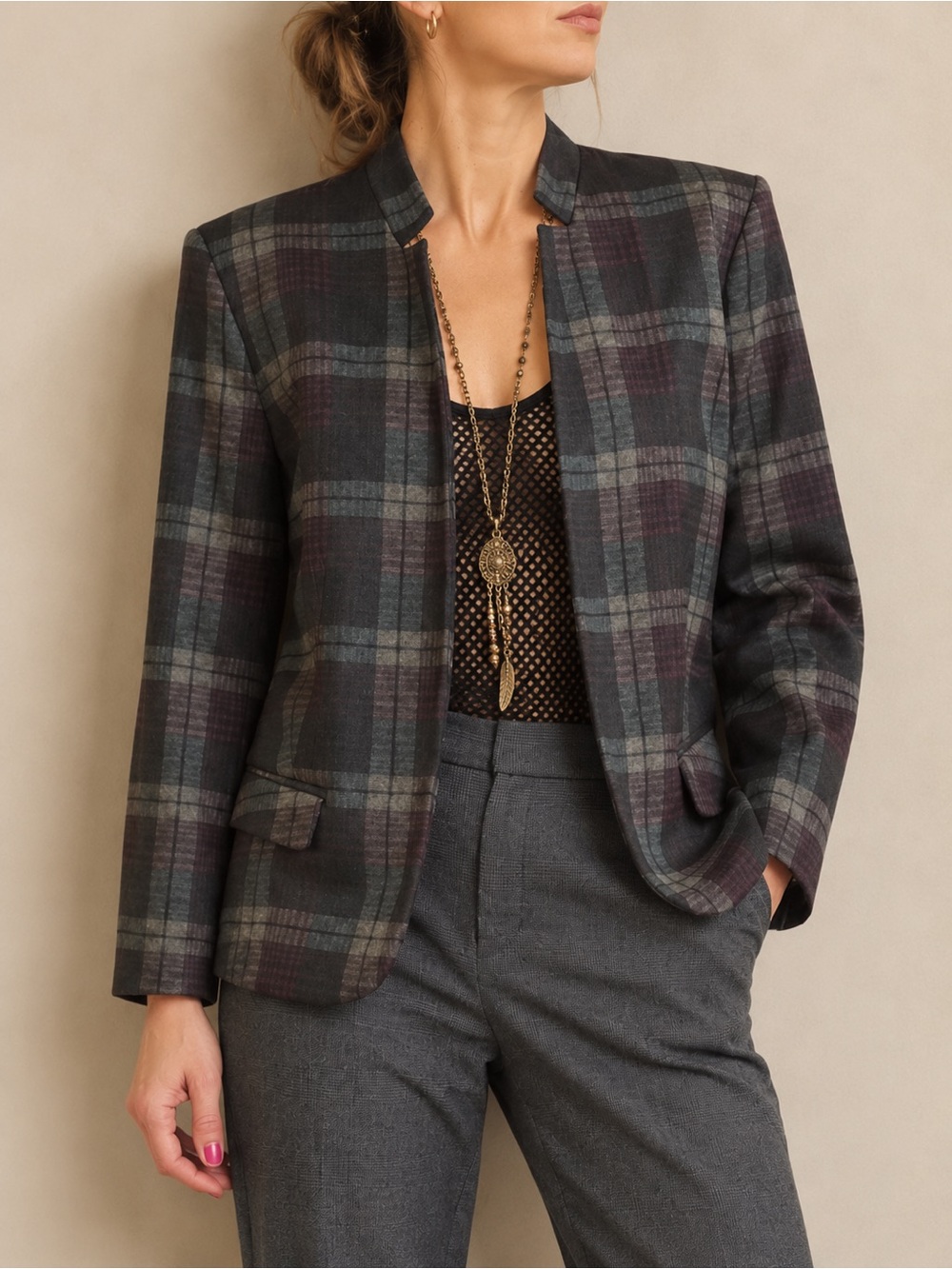 Nine West Plaid Windowpane Blazer Black Teal Purple Gray Size 12